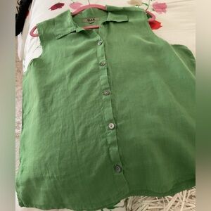 Flax Women's Button Down Green Top sleeveless.